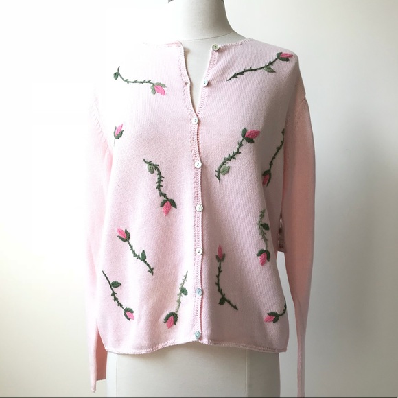 Lord & Taylor Sweaters - Lord & Taylor Cotton Rose Embroidered Cardigan